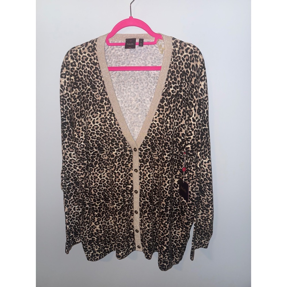 Rafaella Leopard Print Metallic Trim Cardigan Sweater 3X Brown Black Gold New